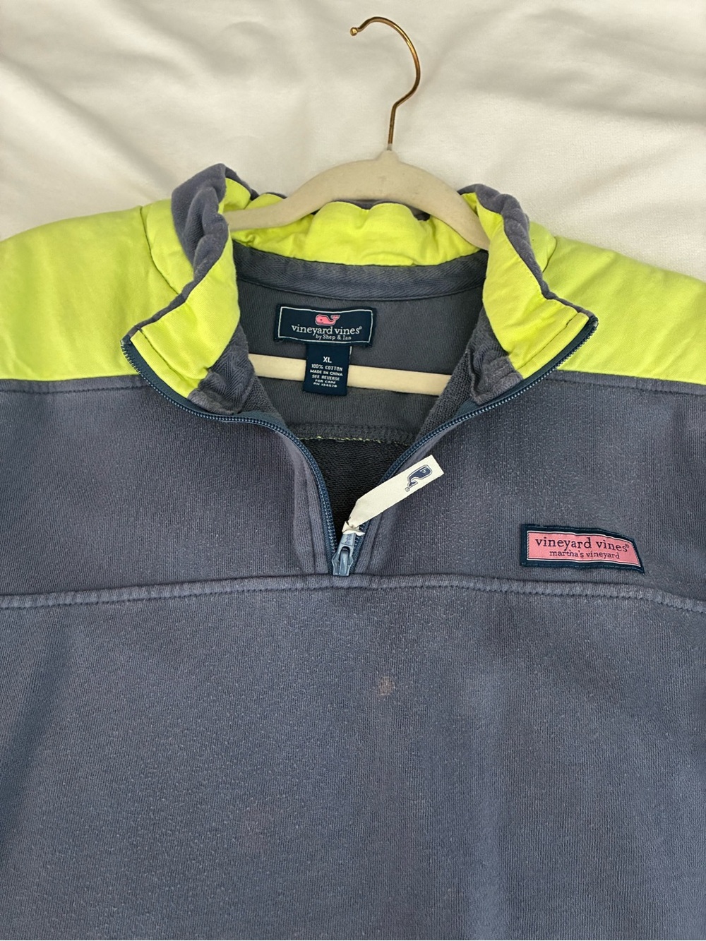 Vineyard Vines Gray and Neon Yellow Quarter-Zip Pullover